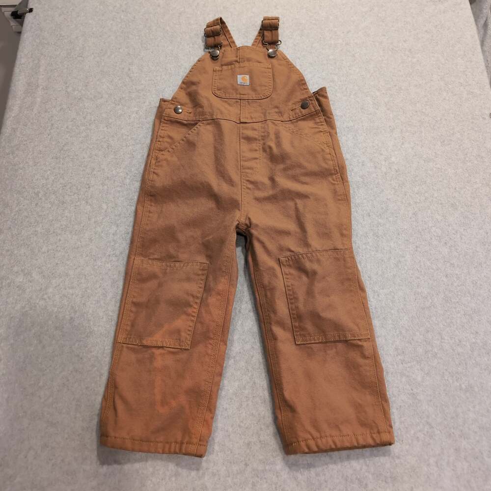 Carhartt Toddler Boys Flannel-Lined Duck Canvas Double Knee Bib Overalls Size 3T